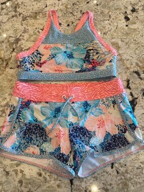 Athleta Girl Colorful Bora Bora Floral Cannonball Shorts Racerback Top Swim Set